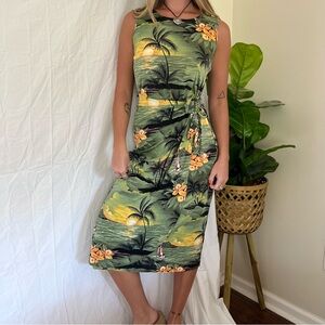 Vintage 90s Tropical Graphic Tie Waist Midi Dress